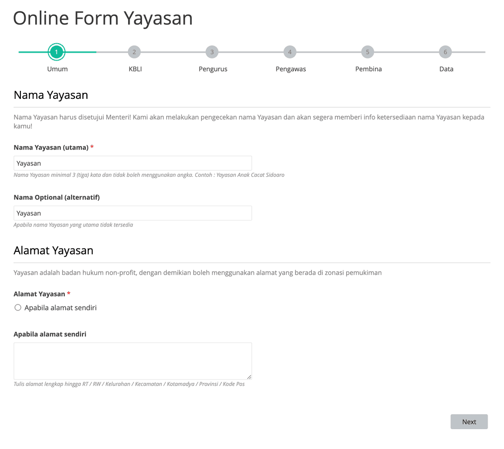 form pendirian yayasan online