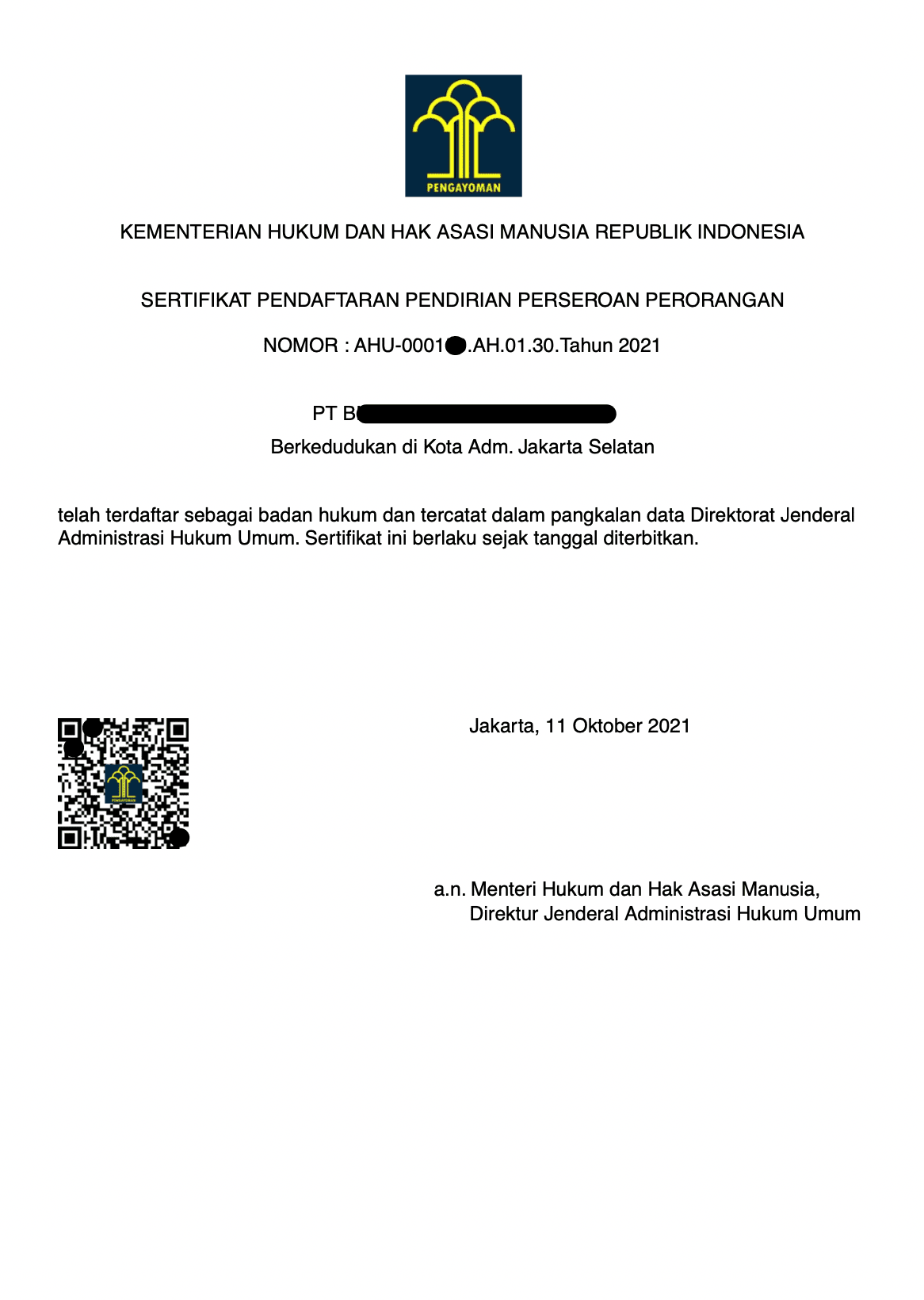 contoh sertifikat pendaftara pendirian perseroan perorangan